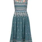 Dusty Blue embroidered dress with flared skirt and straps