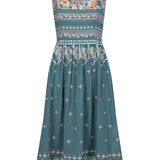 Dusty Blue embroidered dress with flared skirt and straps