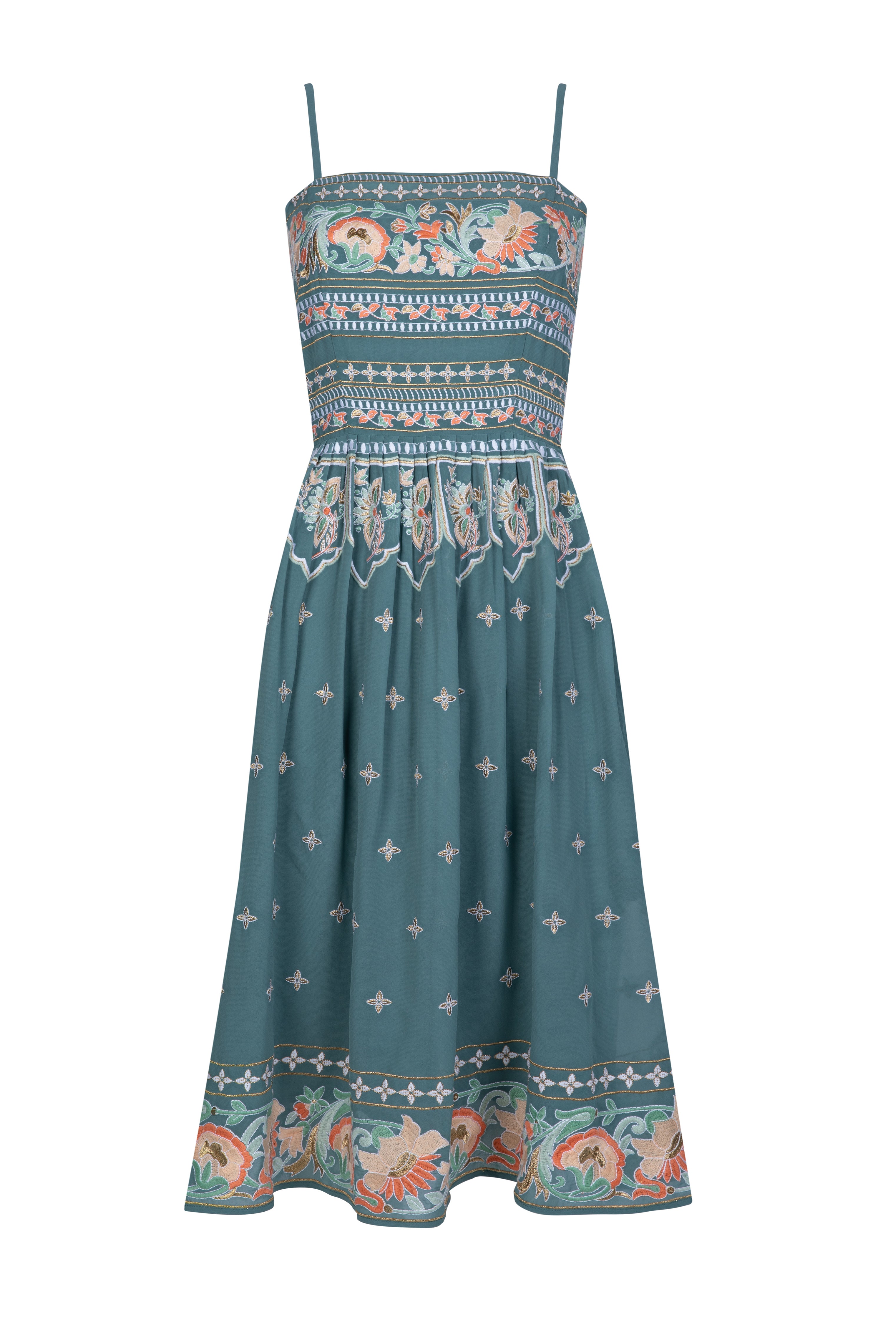 Dusty Blue embroidered dress with flared skirt and straps