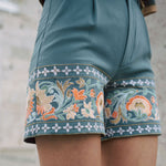 Amara Blue embrodiered shorts with indian inspired embroidery along the hem