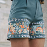 Amara Blue embrodiered shorts with indian inspired embroidery along the hem