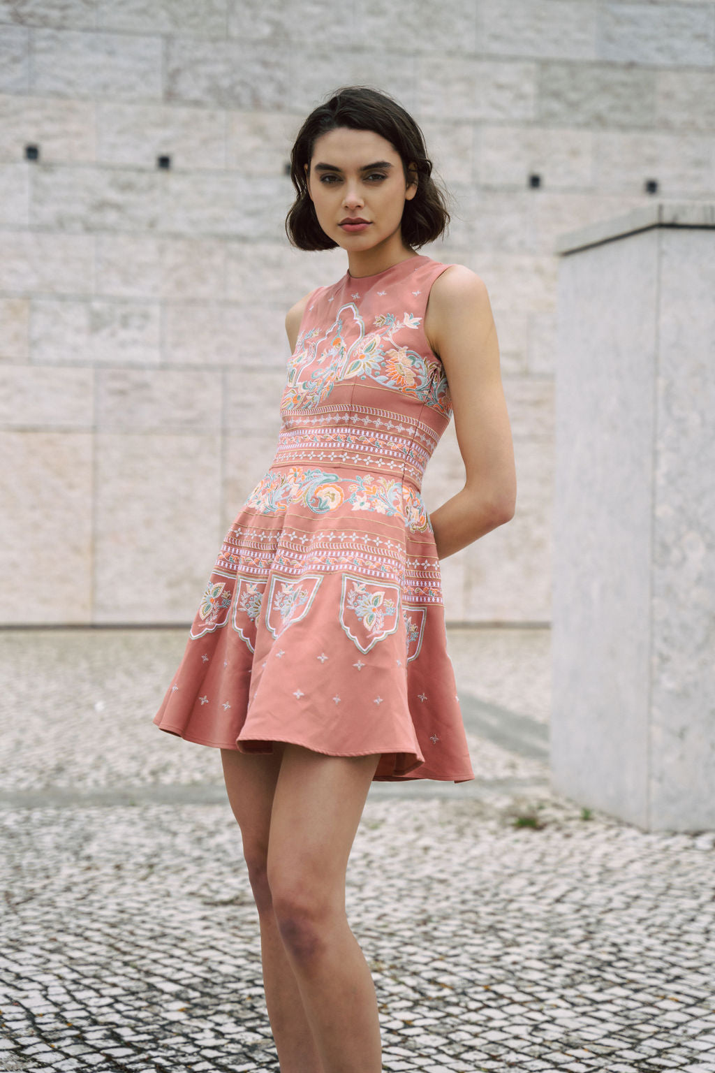 Dusty pink short dress with indian inspired embroidery and flared skrit