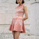 Dusty pink short dress with indian inspired embroidery and flared skrit