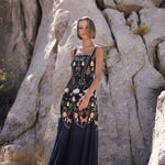 Navy sleeveless maxi dress with embroidery