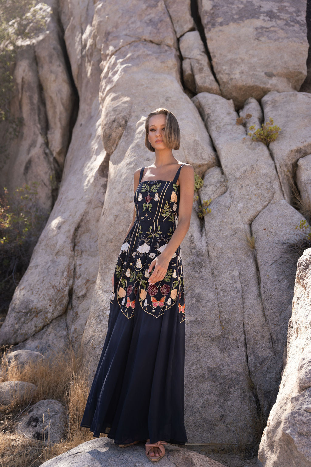 Navy sleeveless maxi dress with embroidery