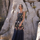 Navy sleeveless maxi dress with embroidery