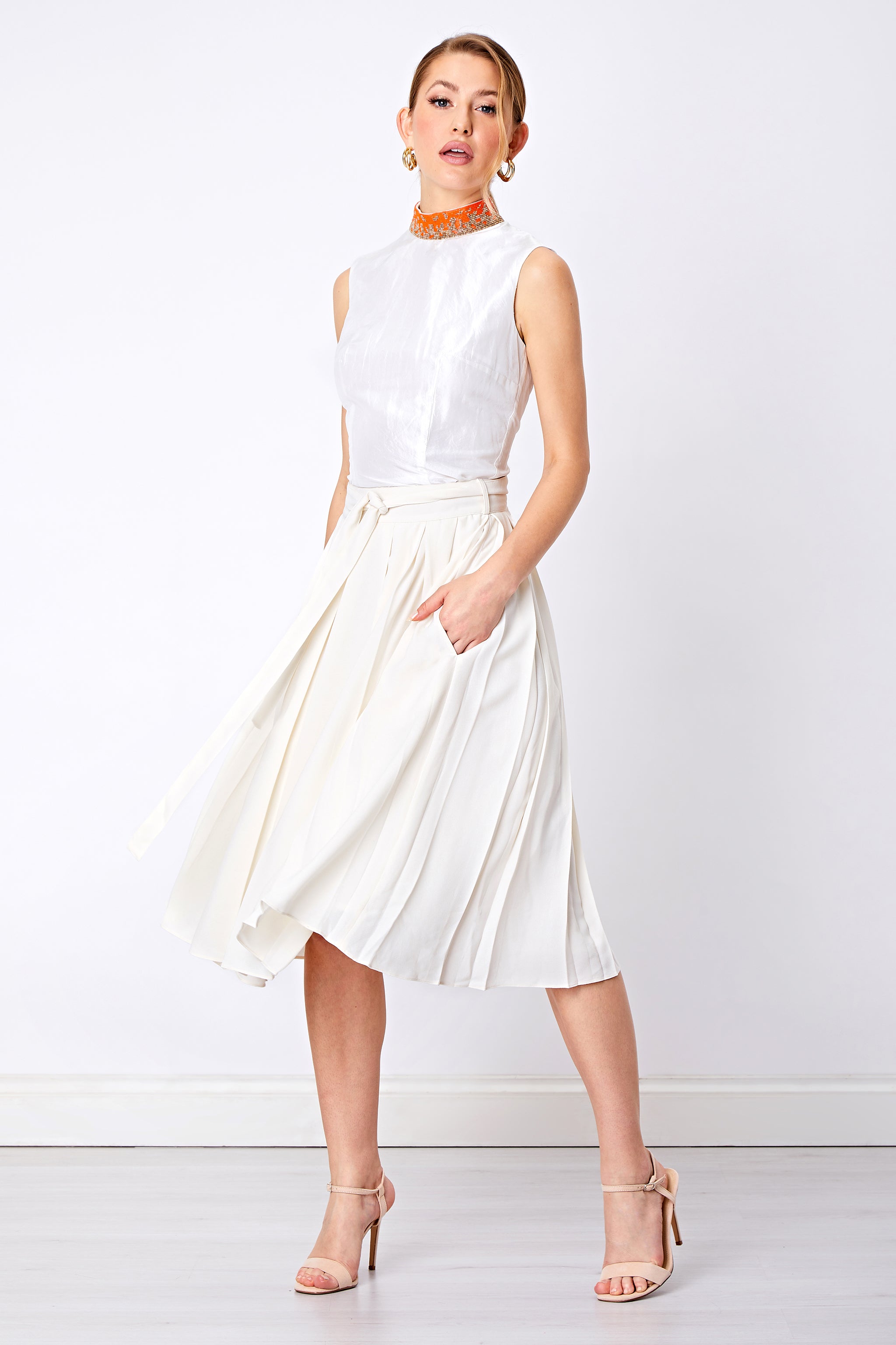 Gabriella Skirt White box pleat skirt with pockets Aarabhi London